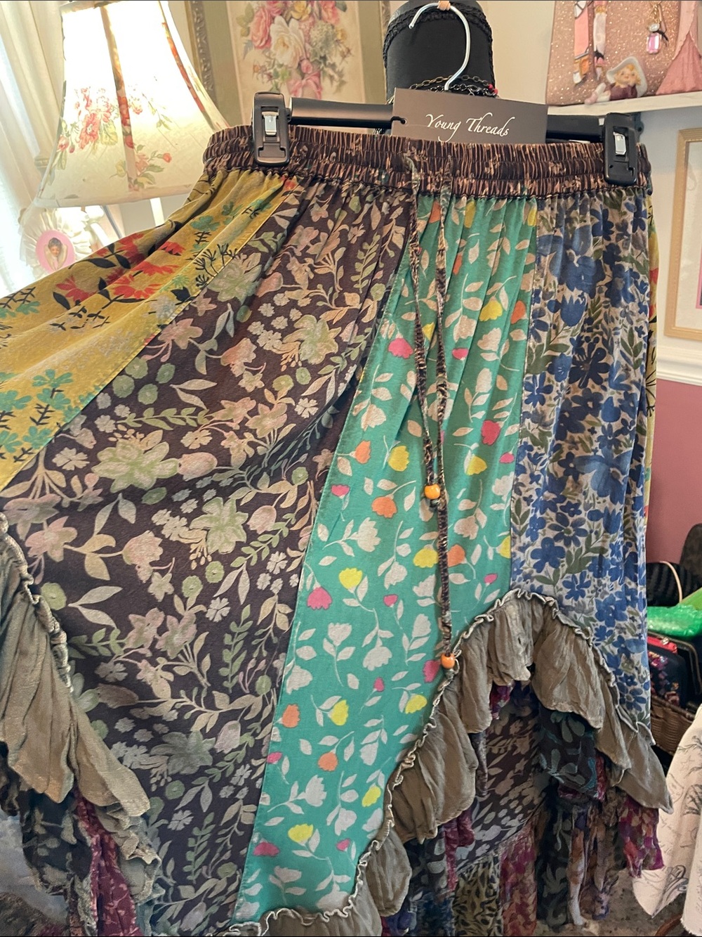 PatchworkBoho  Floral Ruffle Maxi Skirt - Teal/Brown. Young Threads - Picture 10 of 14